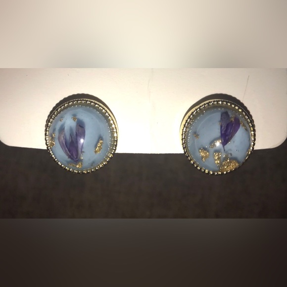 “Navy Calla Lily Petals” Blue Pressed Preserved Dried Flower Gold Flake Orb Stud - Picture 16 of 16